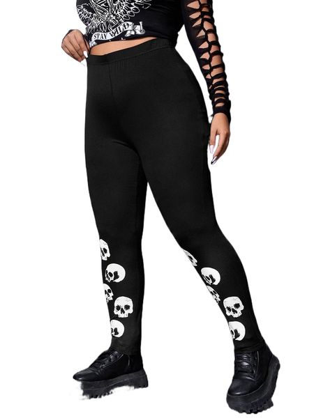 

plus skull print leggings q3yu#, Black
