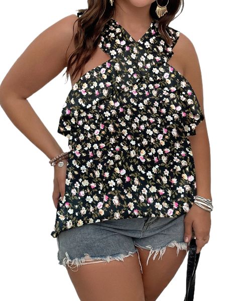 

plus all over floral print blouse s1uv#, Black