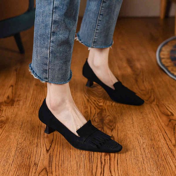 

boots small square head cat heel frosted sheepskin high s women's thin spring and autumn black shallow mouth leather tassel green mediu