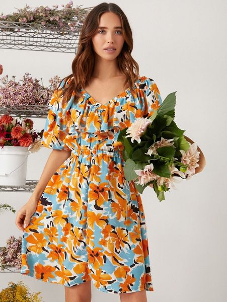 

allover floral print ruffle trim lantern sleeve dress 19xy#, Black;gray