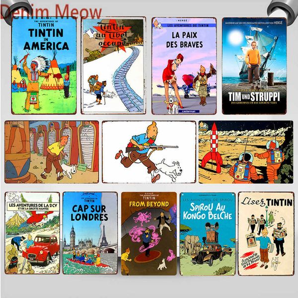 

the adventures of tintin and dog vintage metal signs french cartoon movie rocket poster club bar cafe art craft home deco
