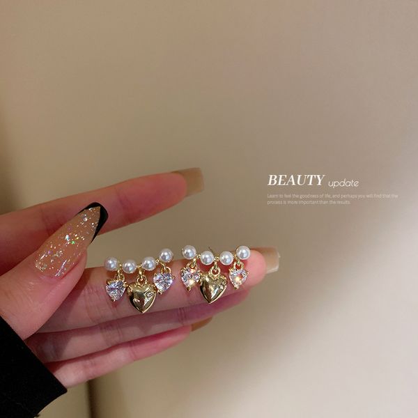 

925 silver stud rhinestone-encrusted pearl heart-shaped ear studs niche design temperament entry lux earrings korean high-grade earrings, Golden