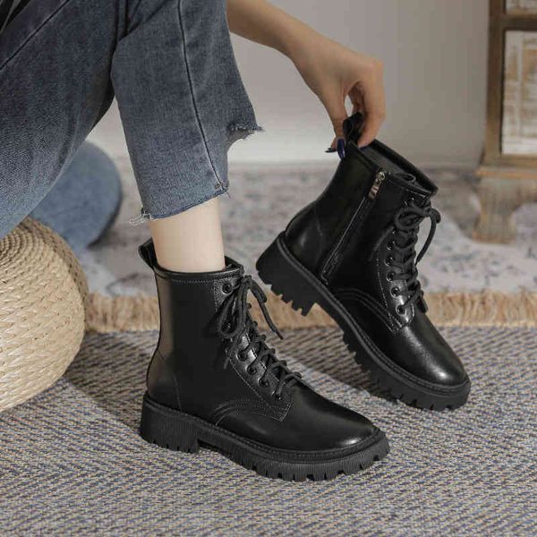 

boots side zipper leather single boots british style martin women thin shoes thick soled short d3pw, Black