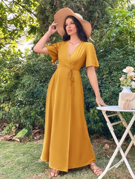 

split butterfly sleeve wrap tie side maxi dress 91ss#, Black;gray