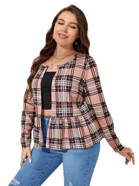 

plus plaid ruffle hem open front jacket r9lv#, Black