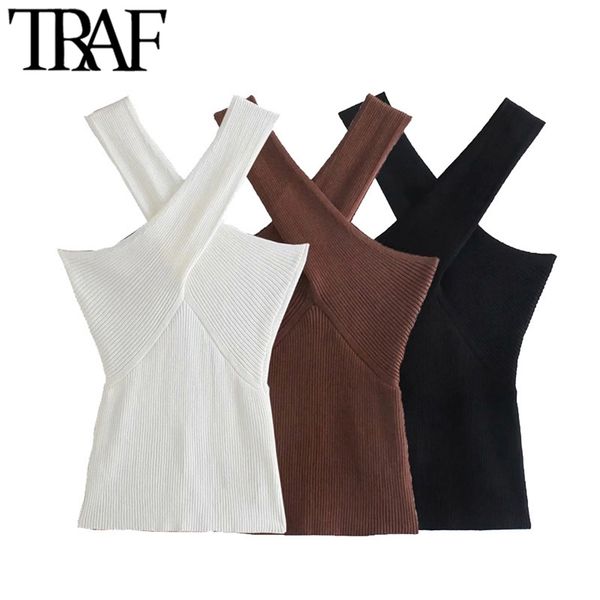 

traf women fashion cross straps knitted tank vintage strapless slim fitted female camis chic 220427, White