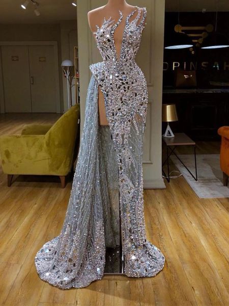 

2022 mermaid prom strapless v-deep sequins hand beaded high split prom dress personalized evening gown robe de soiree, Black