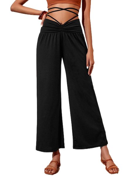 

crisscross tie back pants g8xu#, Black;white