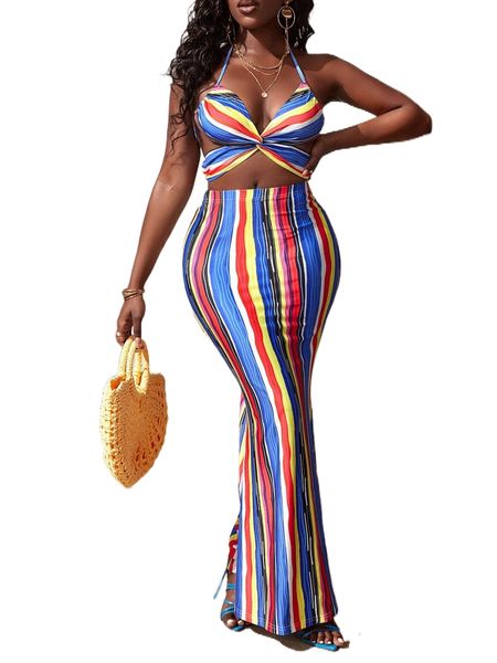 

sxy block striped twist front tie backless halter & mermaid hem skirt a2kp#, White