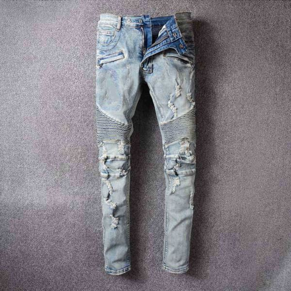 

2021 mens jeans distressed motorcycle biker jean rock skinny slim ripped hole letter brand 8 colors denim pants size 28-40aaa+, Blue