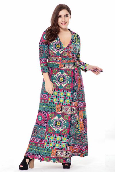 

plus size long summer dress for women 3/4 sleeve colorful print cardigan wrap v-neck floor skirt a-line high waist maxi dresses, Black