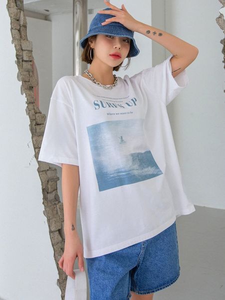 

dazy sea & slogan graphic drop shoulder tee i1b6#, White