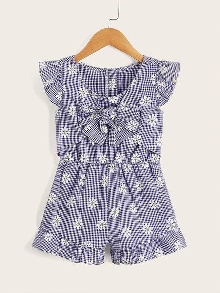 

toddler girls floral & gingham print ruffle trim bow front romper she, Blue