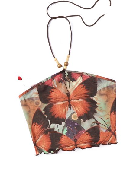 

butterfly print wooden beaded lettuce trim halter 779r#, White