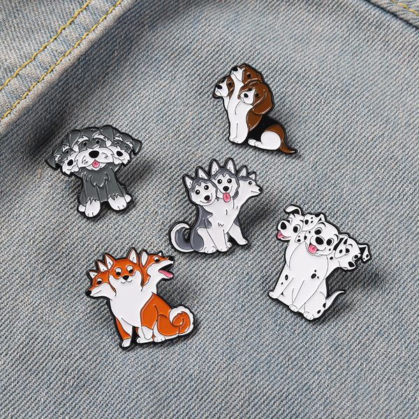

cartoon animal brooches set 5pcs creative three head dog enamel paint badges for girls alloy lapel pin denim shirt fashion jewelry gift bag, Gray