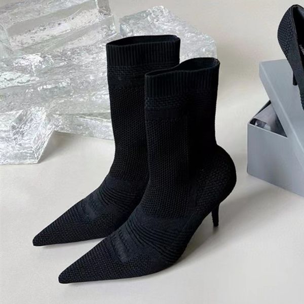 Manschette, gerippte Socken-Heels, Stiefeletten, Stretch, schwarzes Leder, Schnürung, Biker-Booties, Damen-Luxus-Designer-Schuhe, Fabrik-Schuhe, 8,5 cm, Größe 35–41