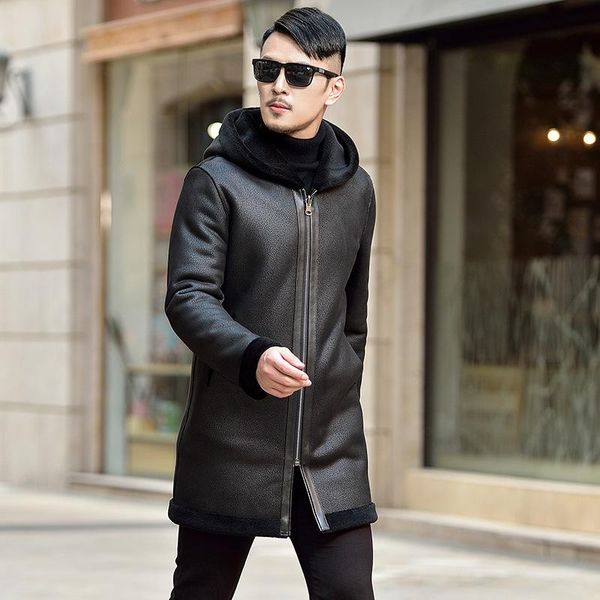 

men's trench coats reversible one male sheep fur leather hooded thickening of slim sheared wool bladder coat in winter, Tan;black