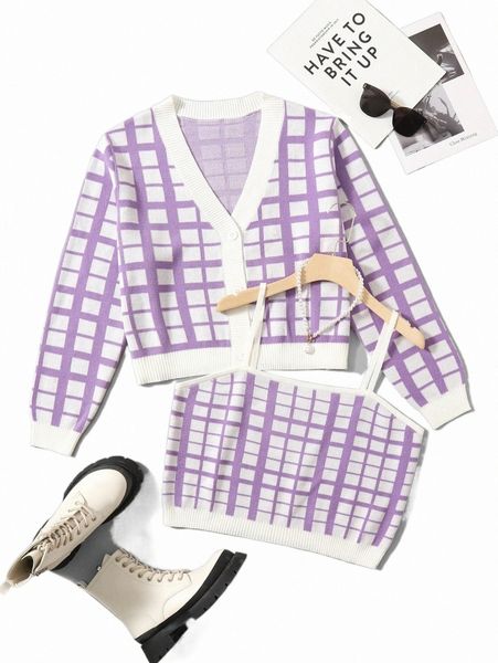 

plus plaid pattern cardigan & cami knit b3fv#, Black
