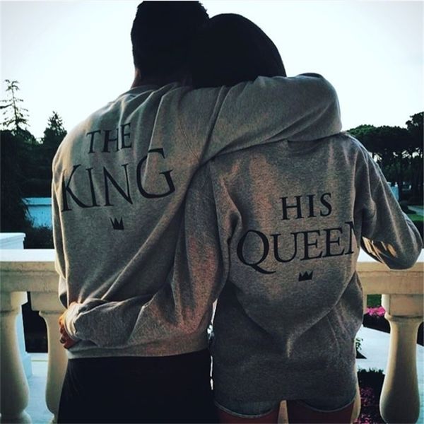 New King Queen Crown Print Unisex Homens Mulheres Capuzes de outono Slim Sweatshirt Para Casal Lovers Winter Patchwork Pullovers com capuz LJ201103