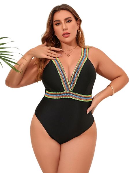 

plus stitch detail one piece swimsuit h58h#, White;black