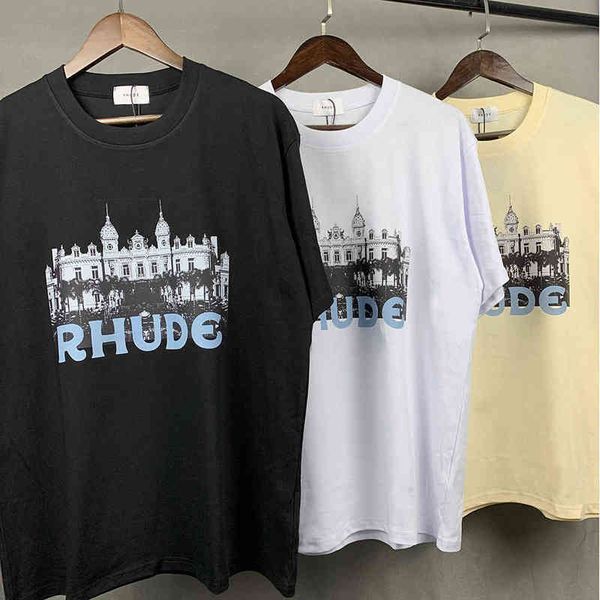 

high version 2022 summer american fashion brand rhude hd castle printed short sleeve t-shirt for men and women, White;black