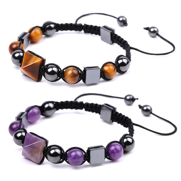 

adjustable healing crystal pyramid beads friendship strands bracelets for women men feng shui reiki positive energy gemstone hematite bangle, Black