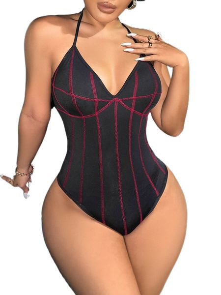 

sxy stitching tie backless halter bodysuit 674y#, White