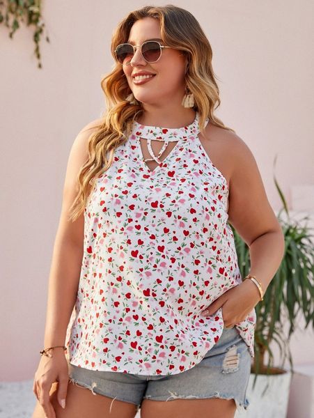 

plus all over heart & plant print cut out tank v76r#, Black