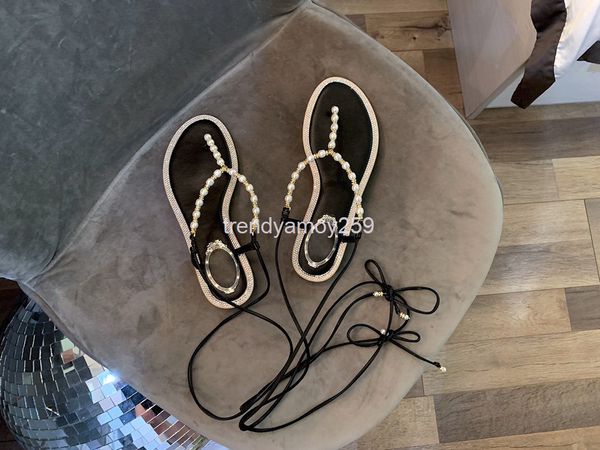

sandals korean pearl sandals women's summer double toe roman shoes glass heel herringbone slippers, Black