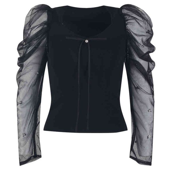 

women's knits tees foreign style bubble sleeve knitted fashion mesh splicing black slim square neck sweater autumn niy5, White