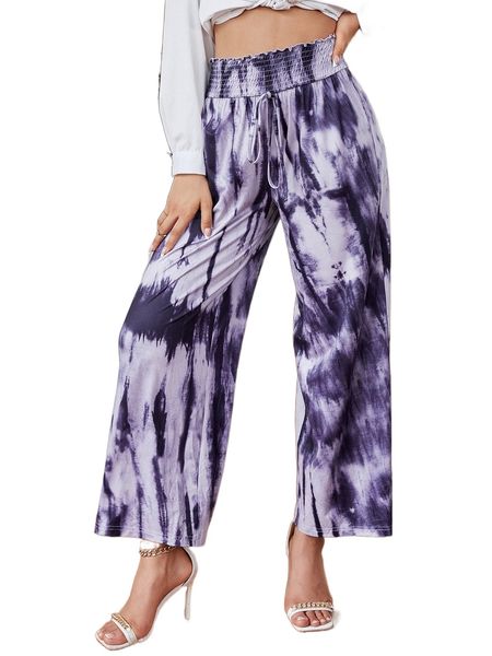 

tie dye shirred knot front wide leg pants v7ud#, Black;white