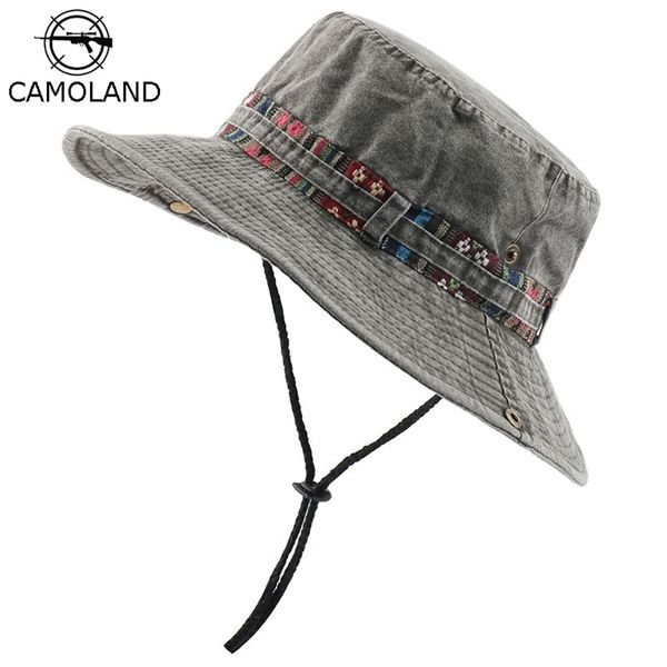

camoland 100% cotton uv protection sun hats for women men fishing hiking bucket hat floral ribbon design outdoor beach cap 220316, Blue;gray