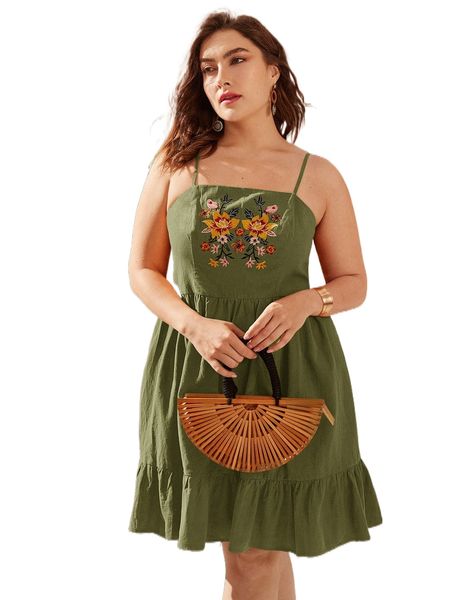 

plus floral embroidery cami dress o01f#, Black