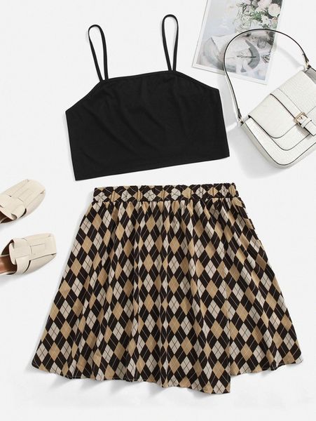 

plus crop cami & argyle print asymmetrical hem skirt k9z2#, Black