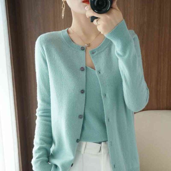 

2022 spring and autumn 100% pure wool cardigan coat women's round neck cashmere sweater knitted bottoming shirt outer tower, White