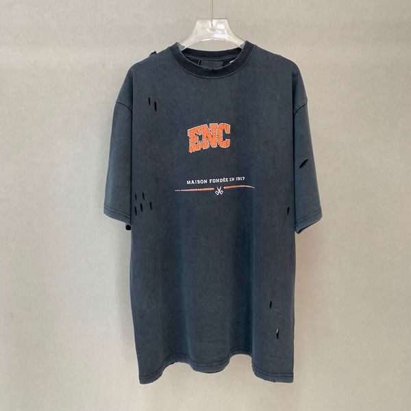 

22ss high-end classic letter printed hole tee vintage washed summer solid short sleeve fashion casual breathable men women street t-shirts o, White;black