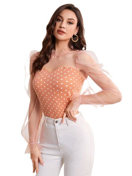

mesh panel flounce sleeve polka dot print h93p#, White