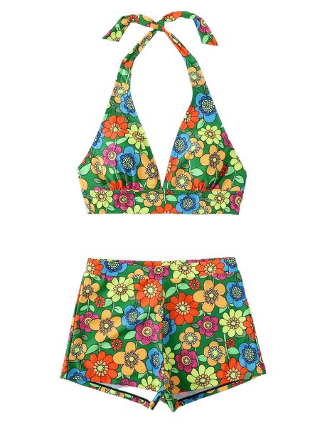 

allover floral print halter shorts bikini swimsuit s9o8#, White;black