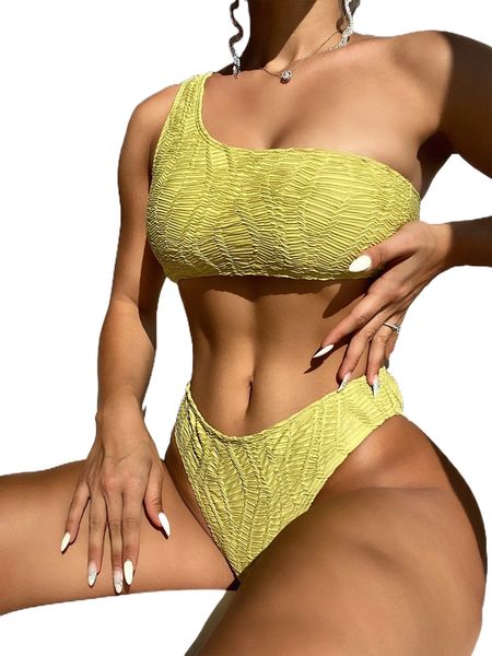 

textured one shoulder bikini swimsuit h6uc#, White;black