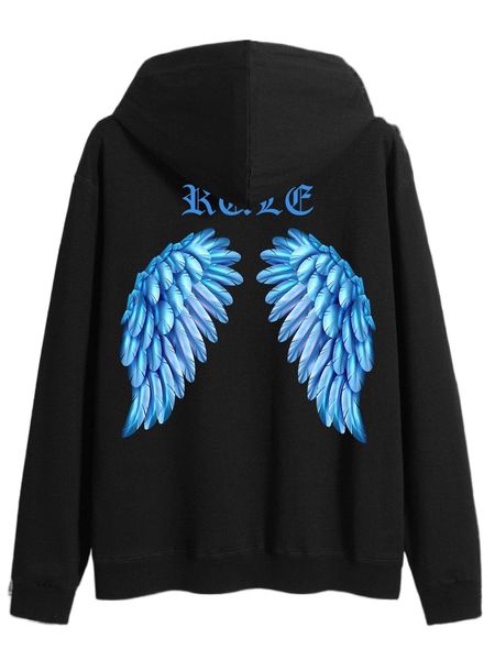 

men wings & letter graphic drawstring hoodie 59ij#, Black