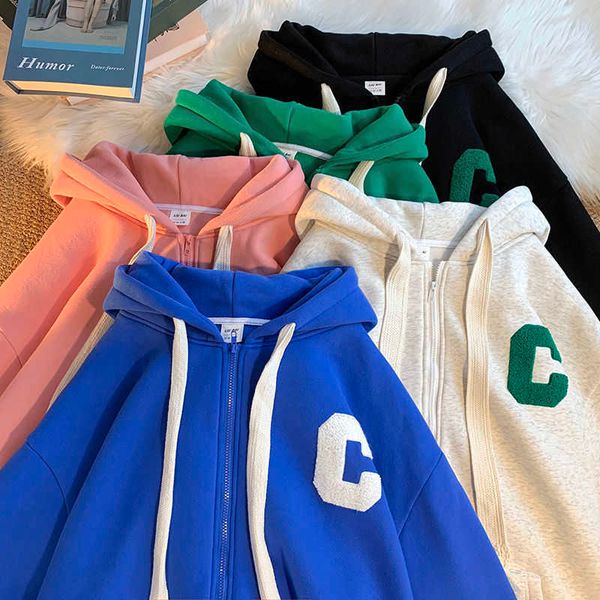 

letter embroidery hoodies women high street loose flocking sweatshirt women casual simple oversized hoodie clothes, Black
