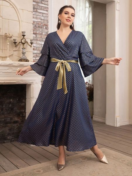 

plus geo print layered sleeve belted dress p6xk#, Black