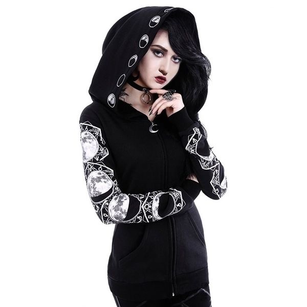 

rosetic women hooded zipper casual black hooded pockets letter moon print gothic punk hoodies female dark sweatshirt goth y200106