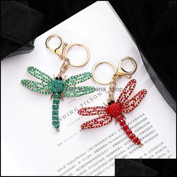 

key rings jewelry spray painted crystal rhinestone dragonfly pendant keychain creative metal chain insect car bag accessories drop delivery, Slivery;golden