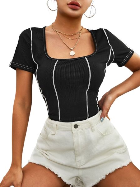 

square neck contrast stitch tee c7eh#, White