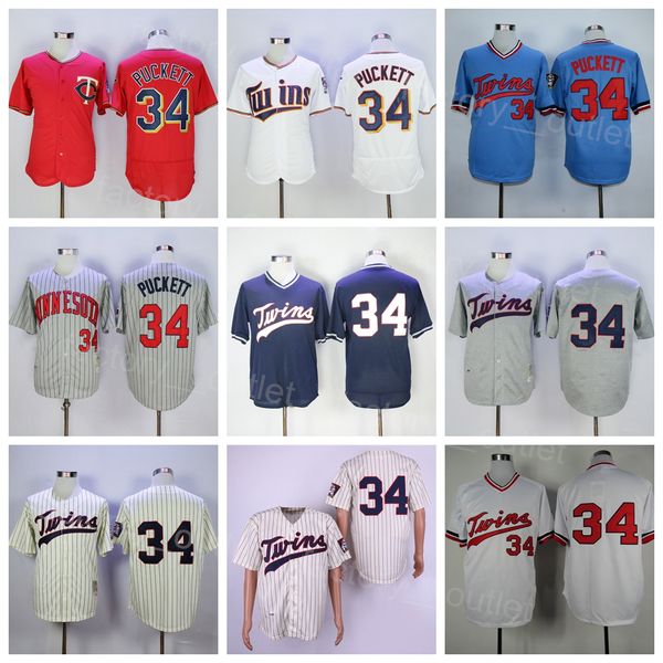 

men 1969 1987 retro baseball 34 kirby puckett vintage jersey throwback navy blue red white grey beige team color pinstripe flexbase cool bas, Blue;black