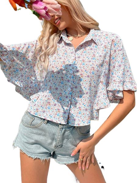 

ditsy floral ruffle trim dolman sleeve blouse u1ft#, White