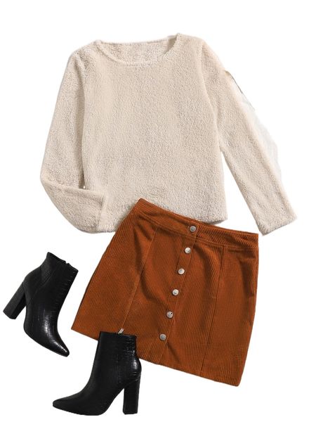 

round neck flannel & button front skirt 46n6#, White