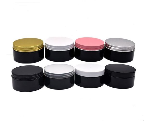 Barattolo per trucco crema in PET nero da 120 g con coperchi in metallo Bottiglia da 4 once nero-alluminio Argento Oro Coperchi rosa SN4527