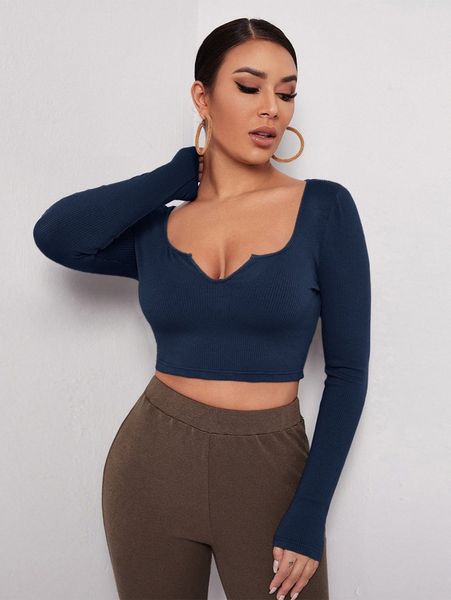 

notch neck rib-knit crop tee k0kl#, White